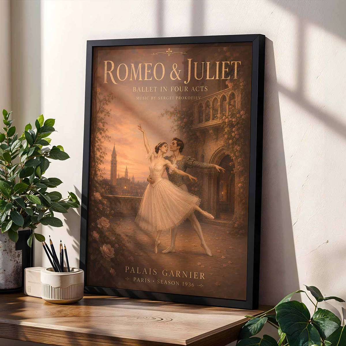 Romeo Juliet composition styled as wall art and featuring classical stage character and delicate visual rhythm inspired by vintage romantic ballet