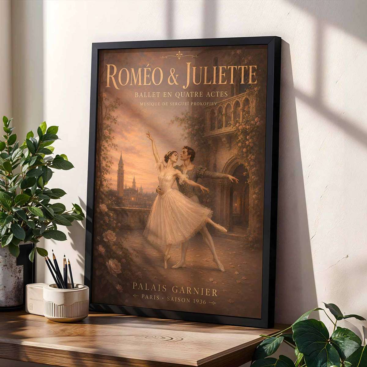 Romeo Juliet decorative print featuring fluid motion and an intimate performance mood inspired by vintage french text ballet art for dance students with French text