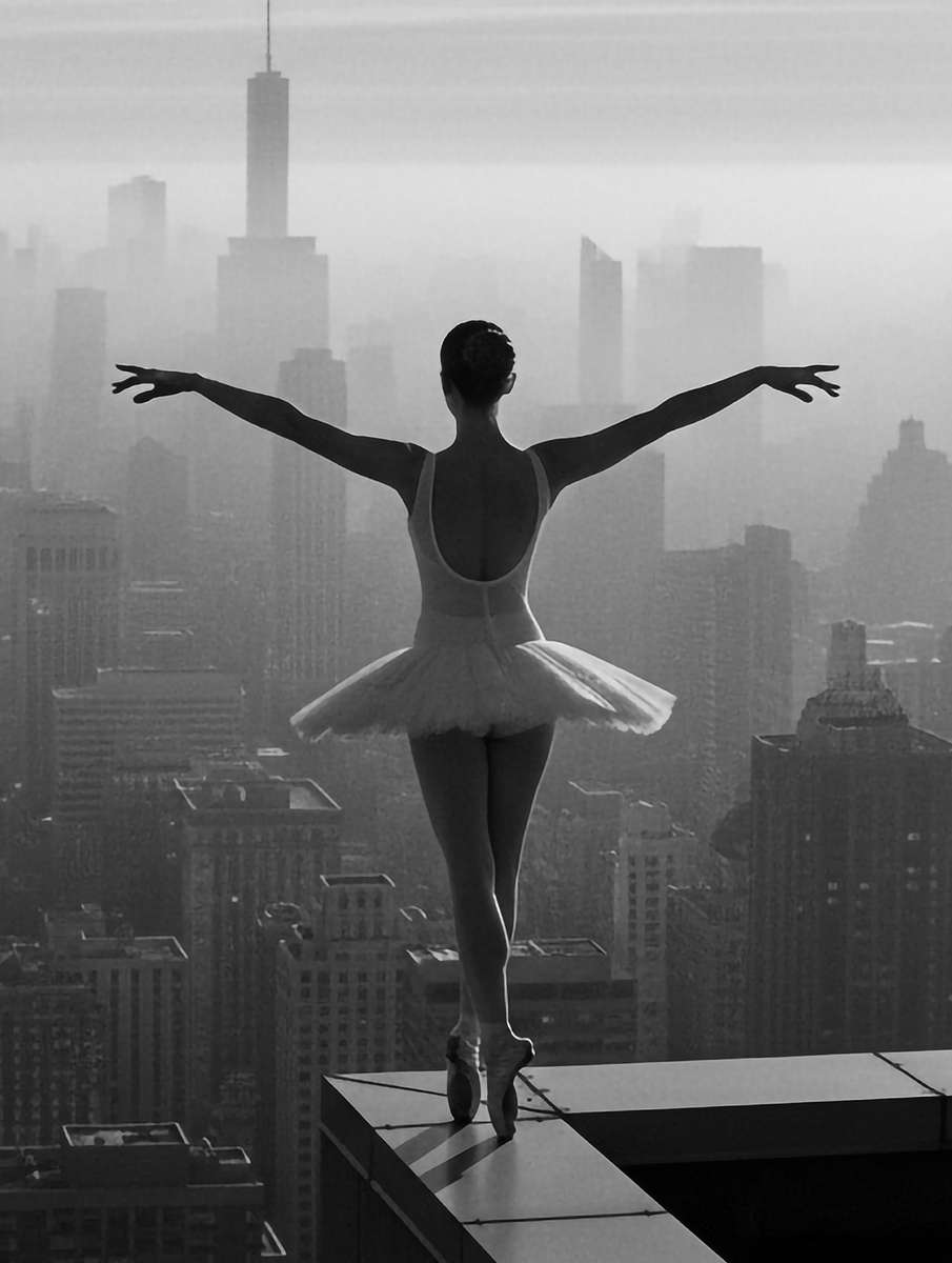 A ballerina bathed in soft natural light, highlighting graceful lines and creating a timeless, peaceful mood
