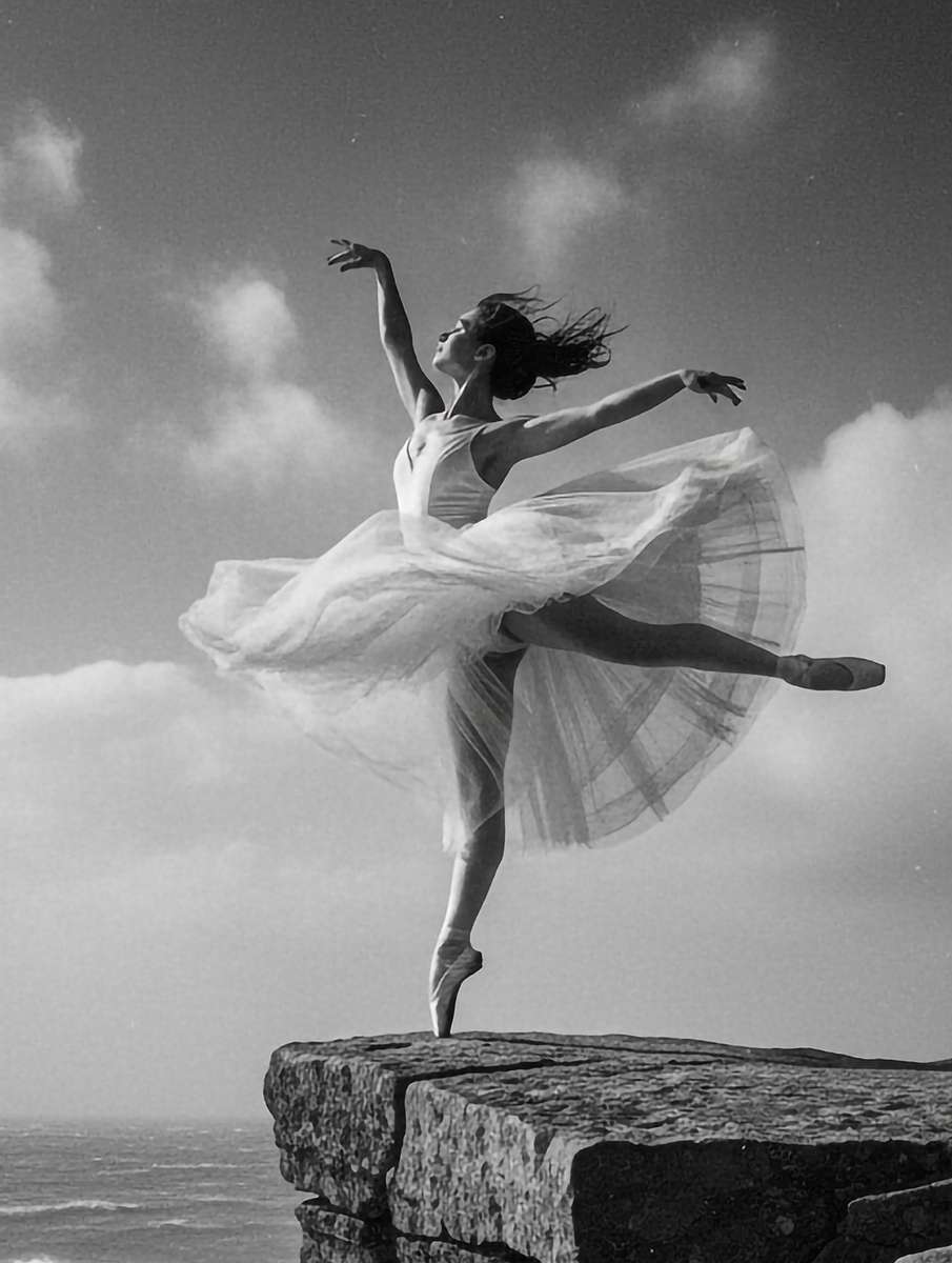 Close-up of a dancer's tutu billowing over a steep abyss, fingers extended toward the void with controlled tension