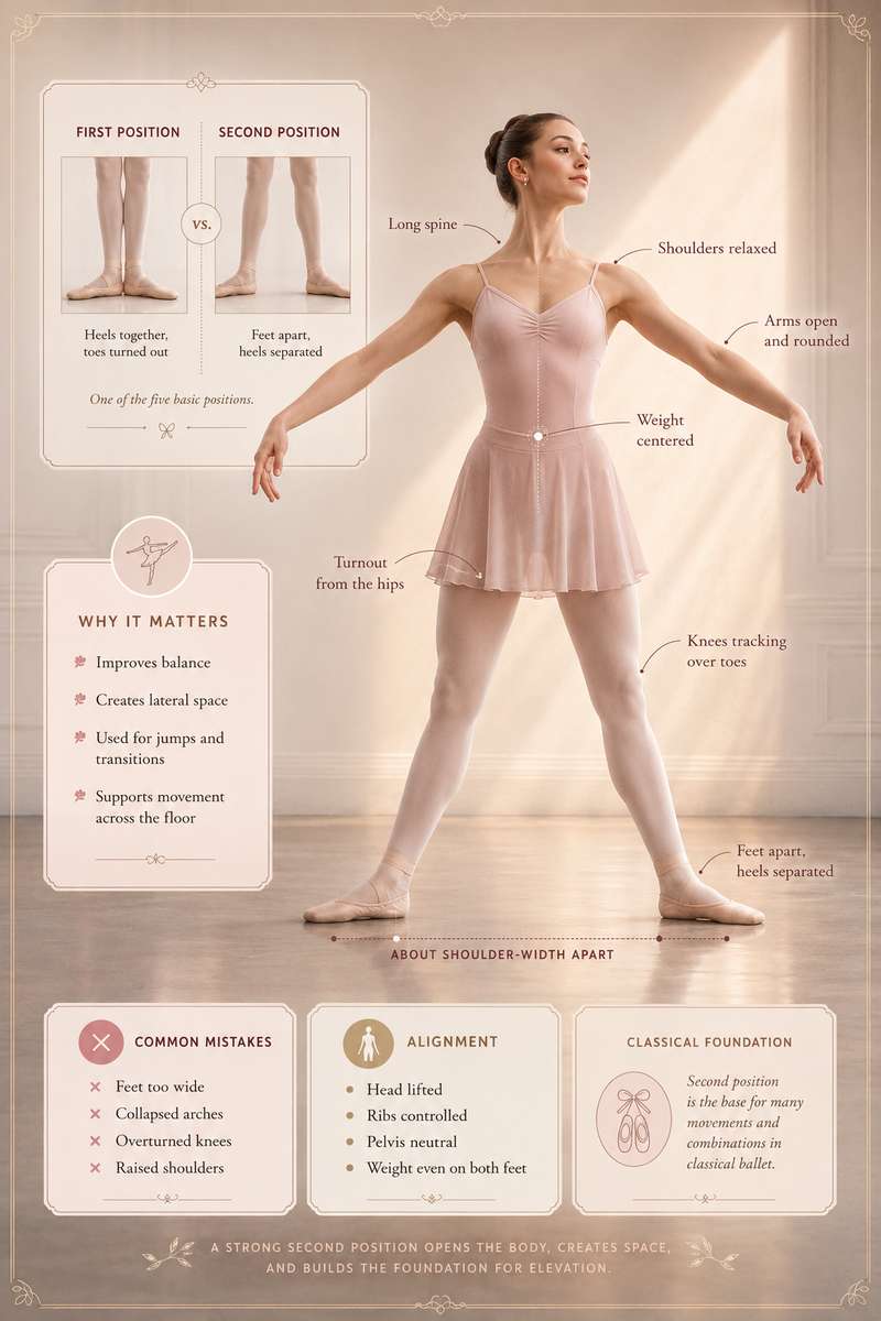 Dancer in second position balancing on flat feet with arms opened to the side demonstrating weight distribution