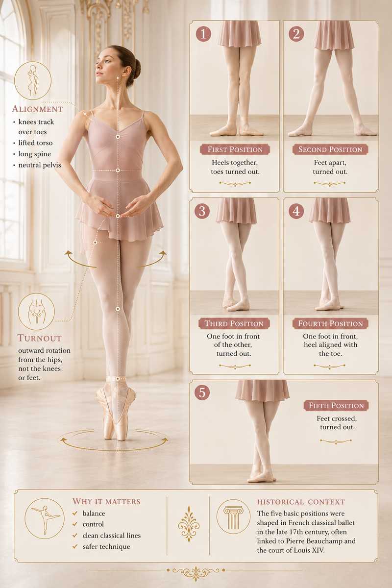Ballet dancer in second position with feet apart and turned out, weight evenly distributed