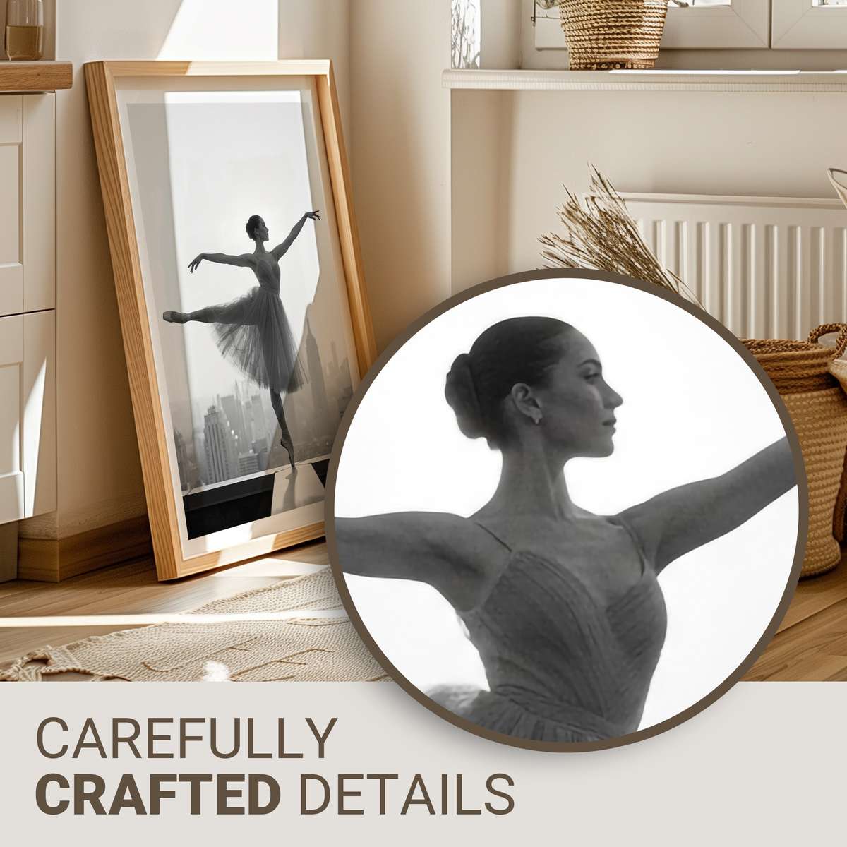 Minimalist silhouette of a ballerina in a simple, upright stance emphasizing clean lines and poised presence
