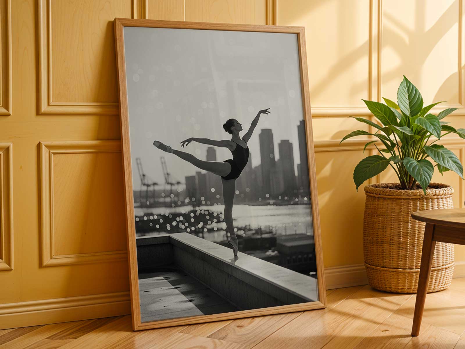 Sepia-toned scene of a dancer walking along a dockside path, antique tones and softened focus giving the image a heritage…