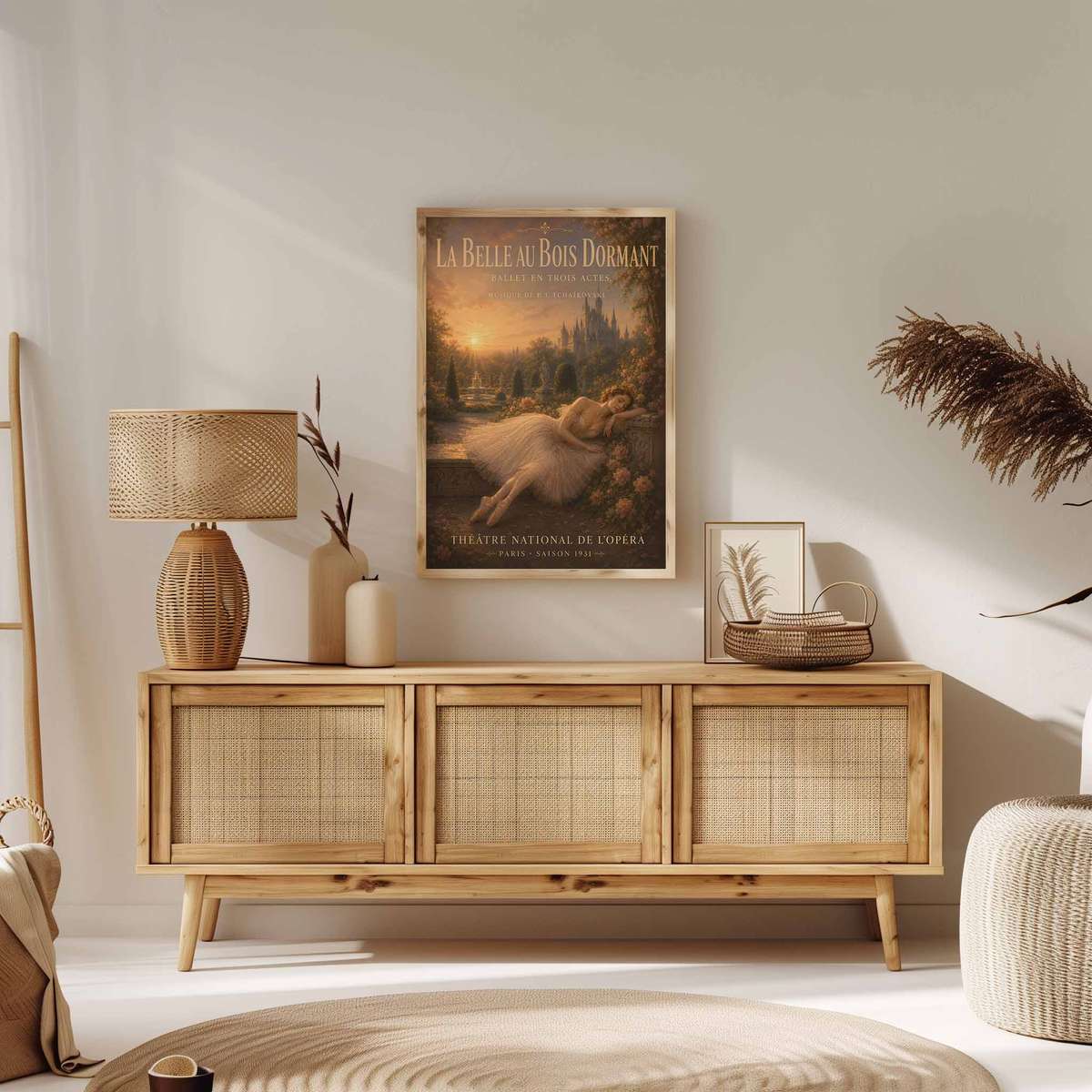 Sleeping Beauty shown in a classic composition showcasing rehearsal-inspired details and graceful silhouettes inspired by vintage french text ballet art with French text