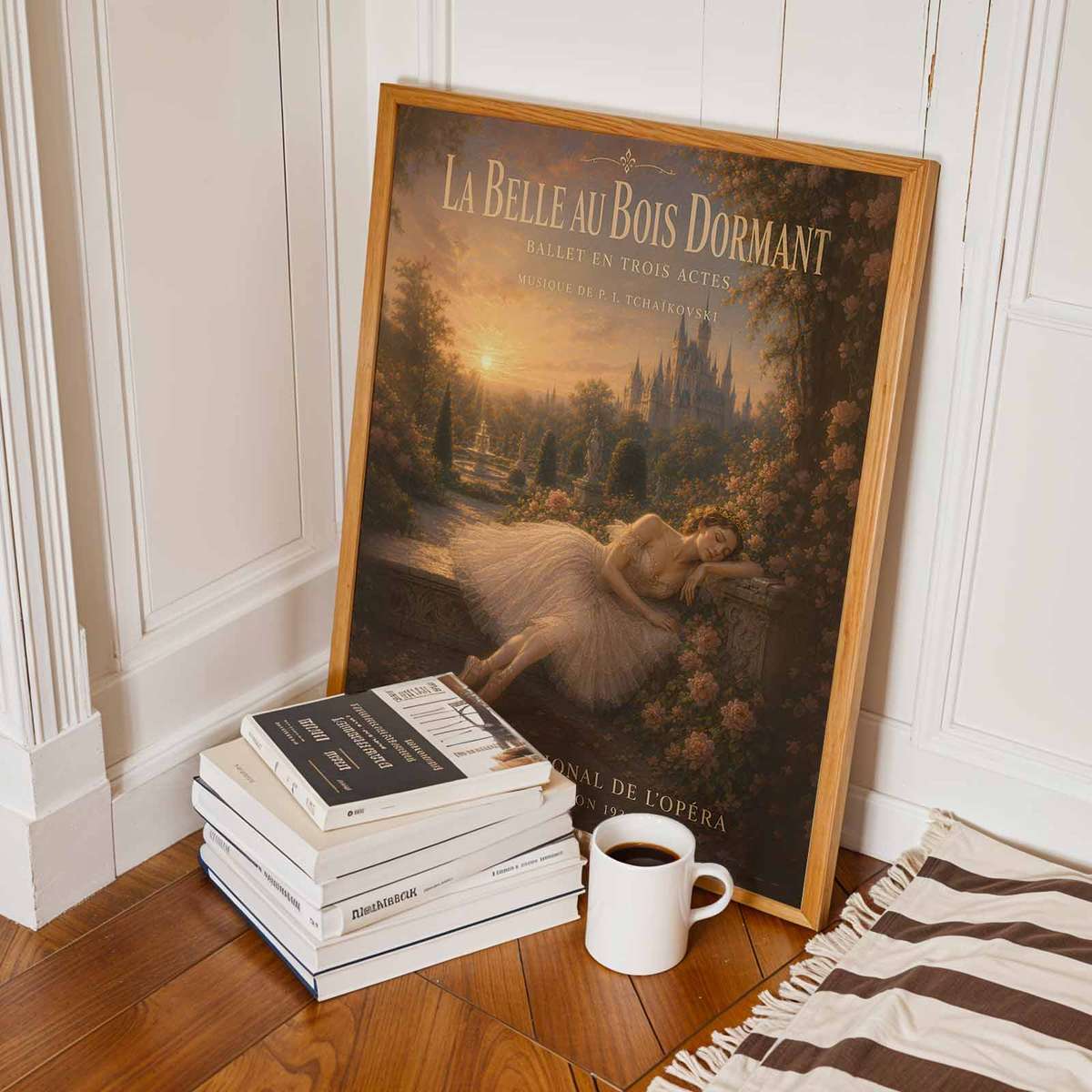 Artistic view of Sleeping Beauty showing fluid motion and an intimate performance mood for creative space decor with French text