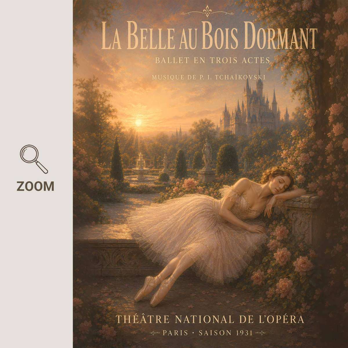 Sleeping Beauty shown in a romantic composition showcasing poetic movement with softly balanced composition inspired by vintage french text ballet art with French text