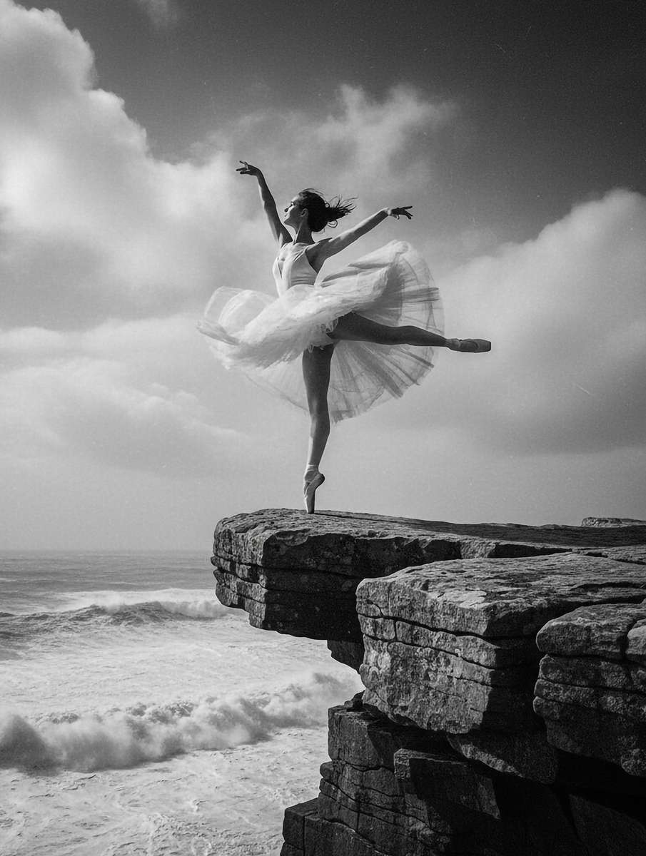 Ballerina in a delicate arabesque balanced above a dramatic drop, wind lifting her skirt like a breath of the landscape