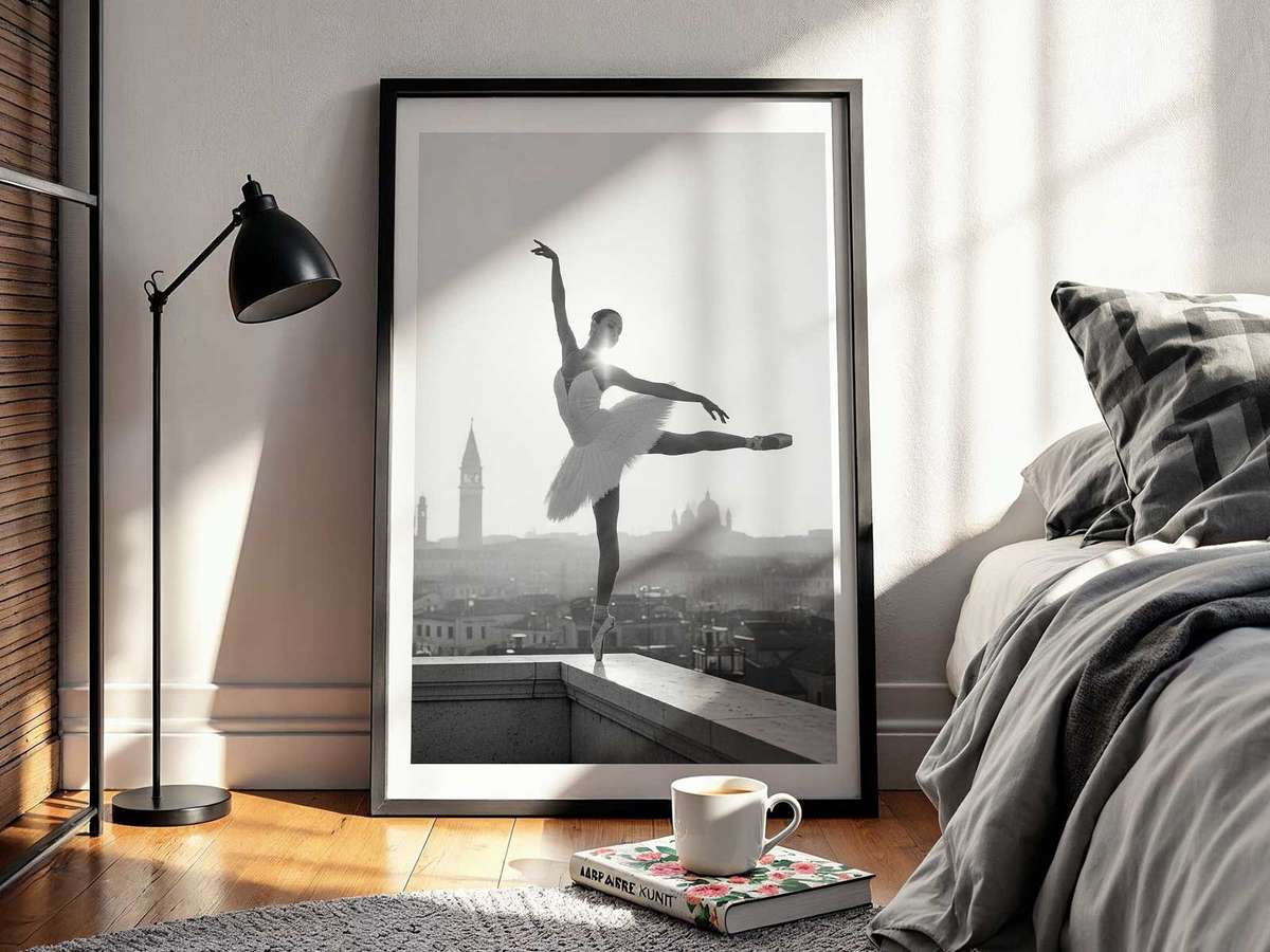 Dancer performing a deep plié in St. Mark’s Square surrounded by columns and distant bell tower