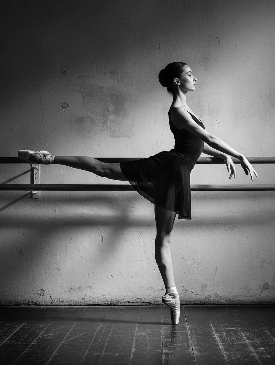Ballet dancer with an extended arm and relaxed expression practicing at the barre in a sunlit studio