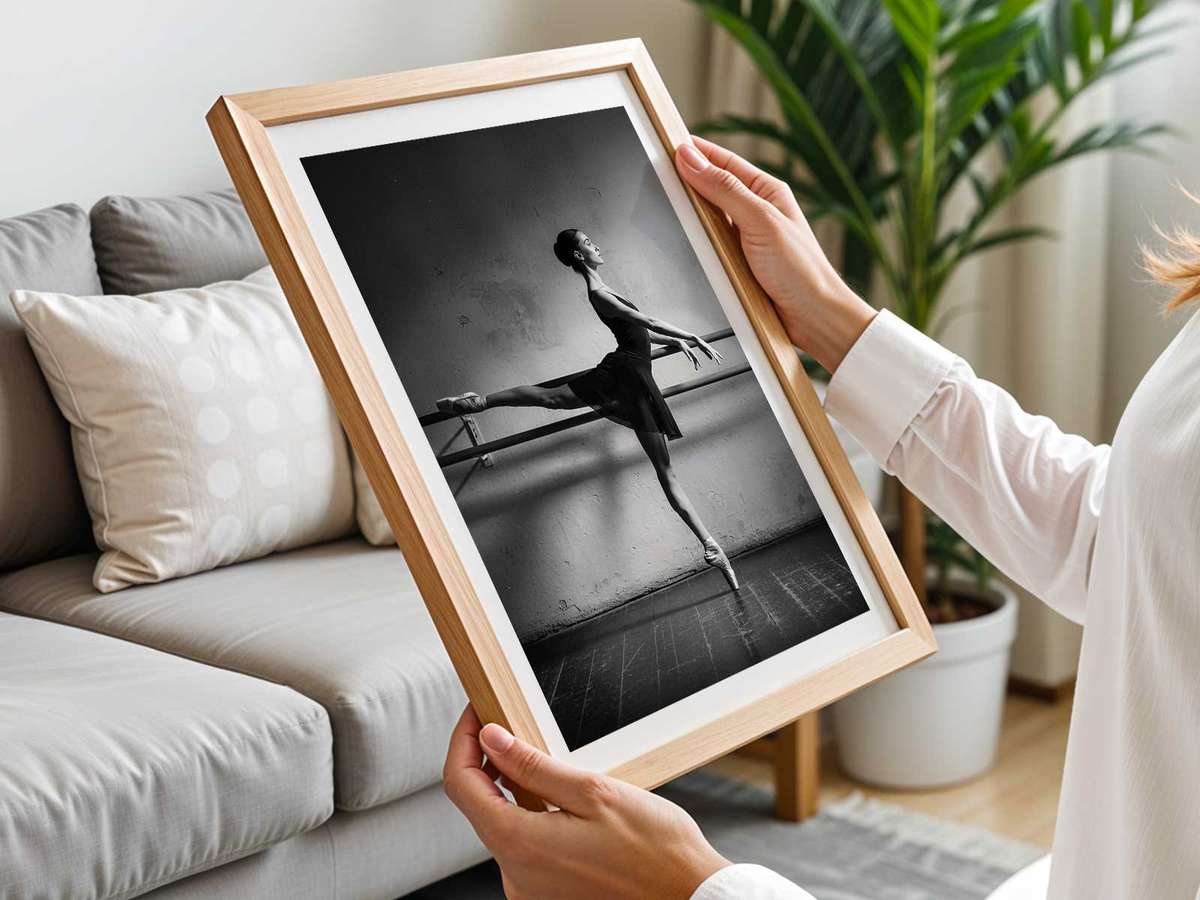 Ballet dancer gently landing a step, weight absorbed through bent knee and controlled posture