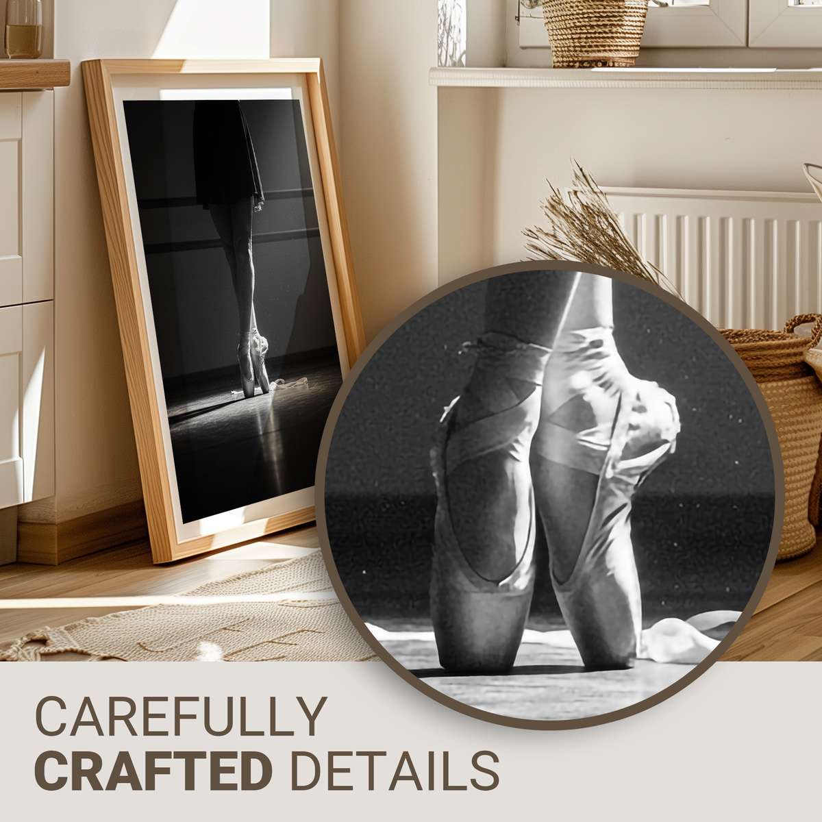 Ballerina captured mid-pirouette in a sunlit studio, muscles engaged and gaze focused, conveying concentrated intensity