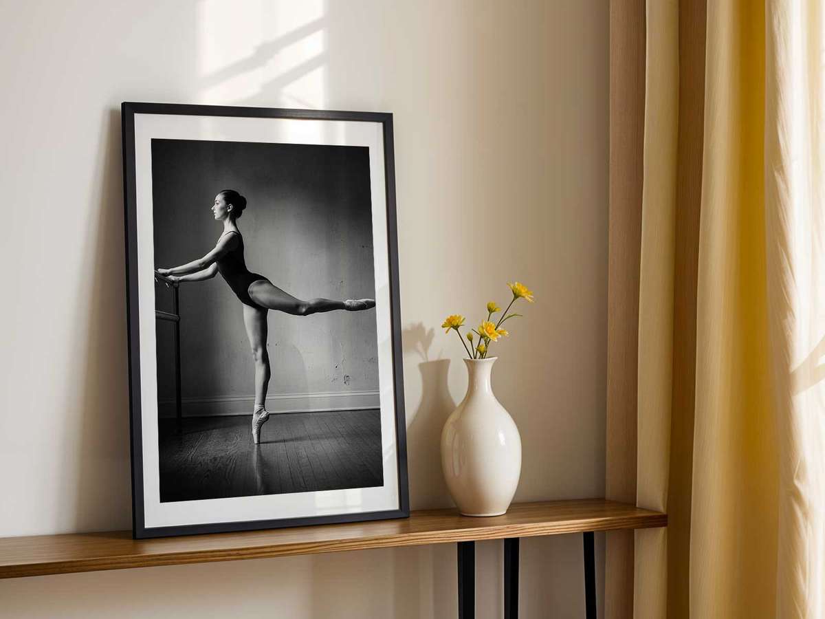 Ballet dancer framed by a broad studio window, contrast between bright outside light and the quiet interior practice