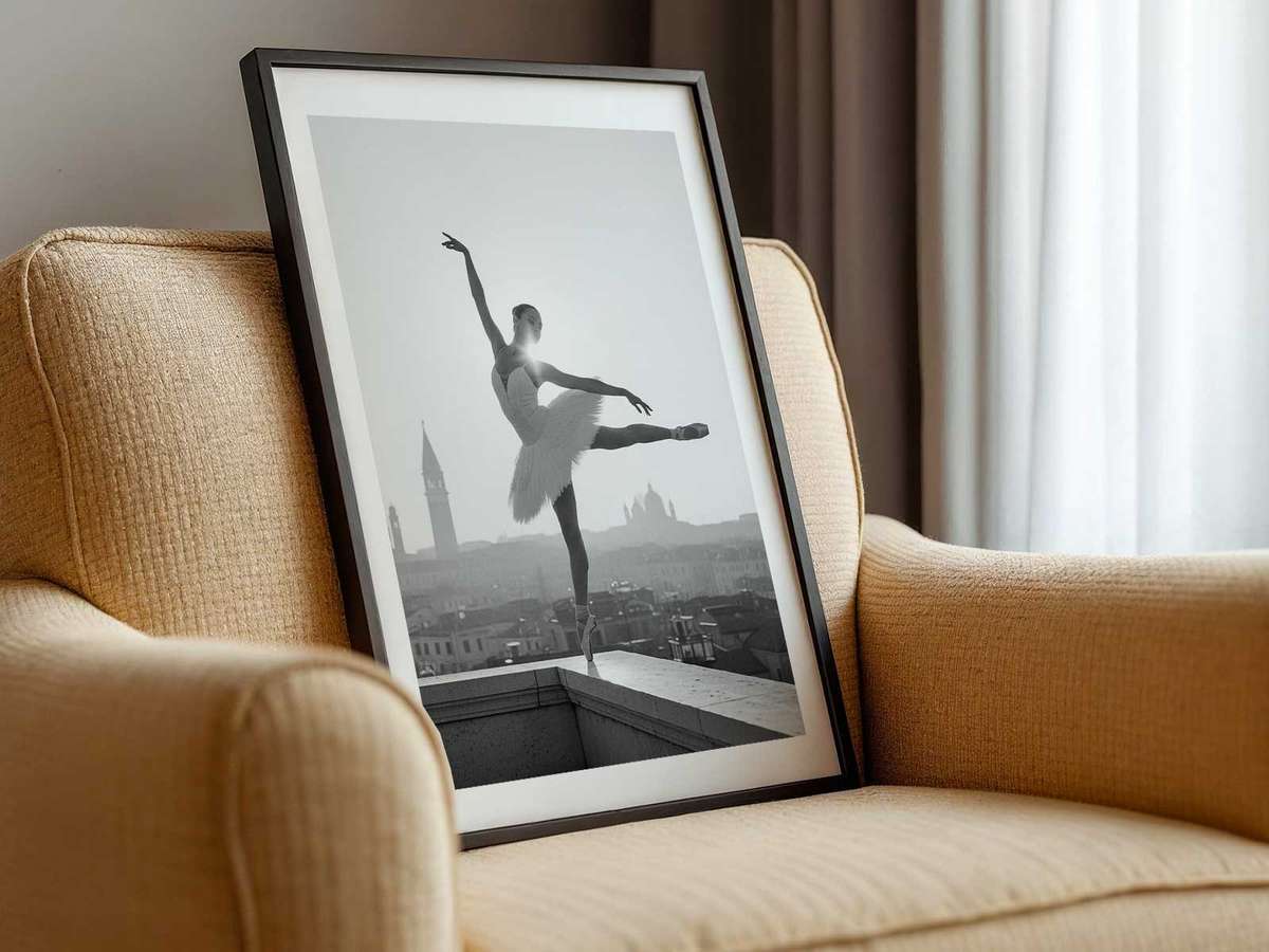 Dancer pausing in a sunlit campiello, her arm lines echoing the geometric patterns of windows and shadows
