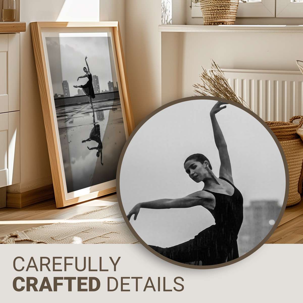 Ballerina poised on tiptoe against a soft urban skyline at dusk, emphasizing clean lines and lifted head