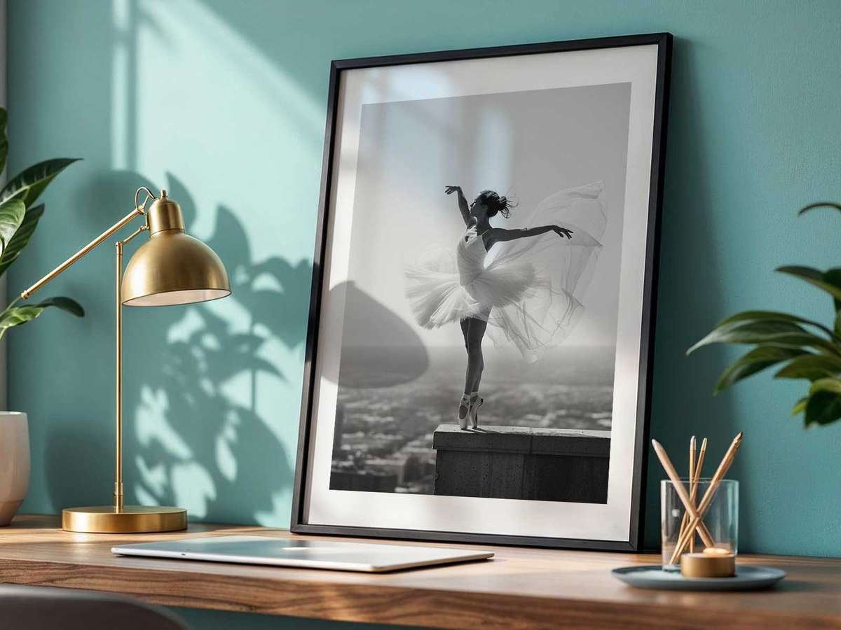 Mid-air leap frozen at the apex, the dancer's limbs forming an elegant arc that directs light and gaze
