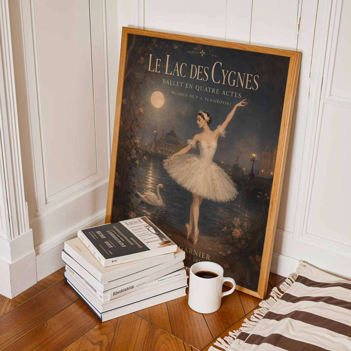 Artistic view of Swan Lake showing expressive posture and refined dance details inspired by vintage ballet with french text for gallery wall decor with French text