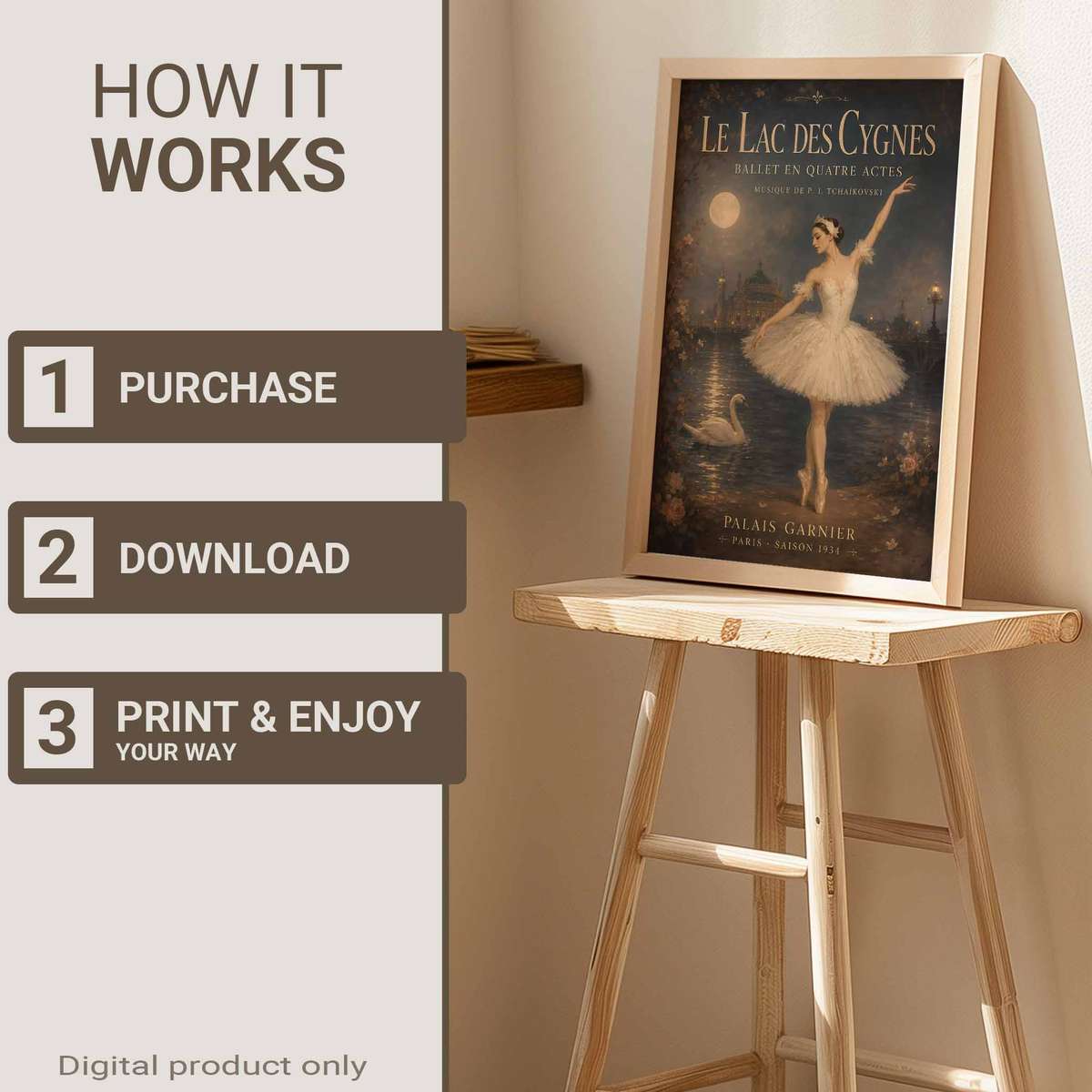 Swan Lake wall art combining fluid motion and an intimate performance mood in a expressive composition with French text