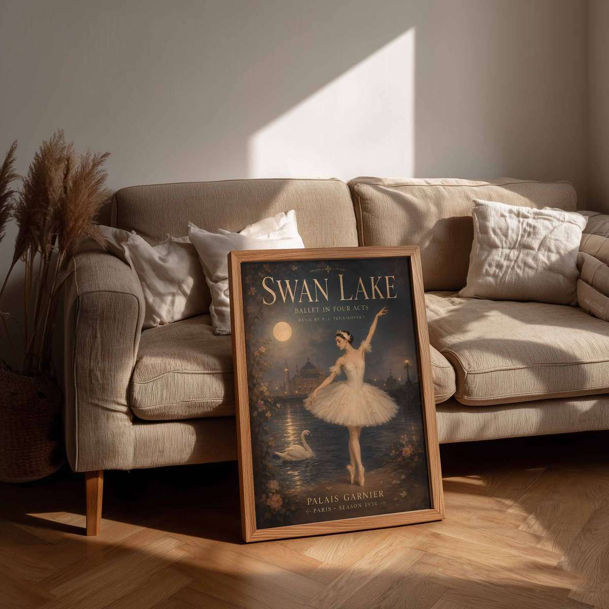 Swan Lake decorative print featuring elegant lines and a theatrical atmosphere inspired by vintage ballet for classical art admirers