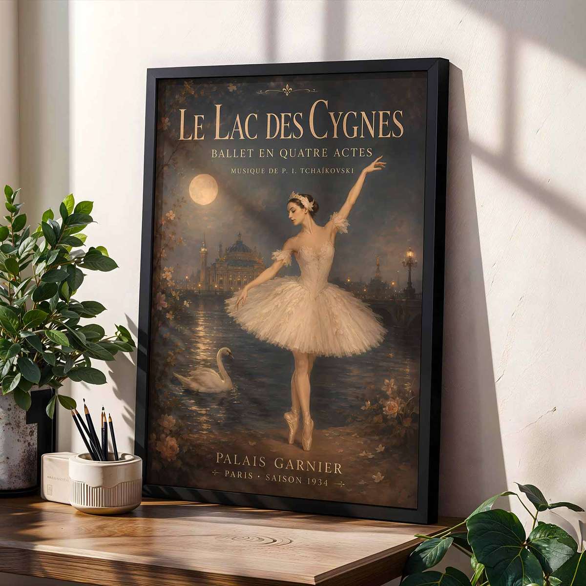 Gallery-style Swan Lake artwork with vintage details for rehearsal room decor with French text