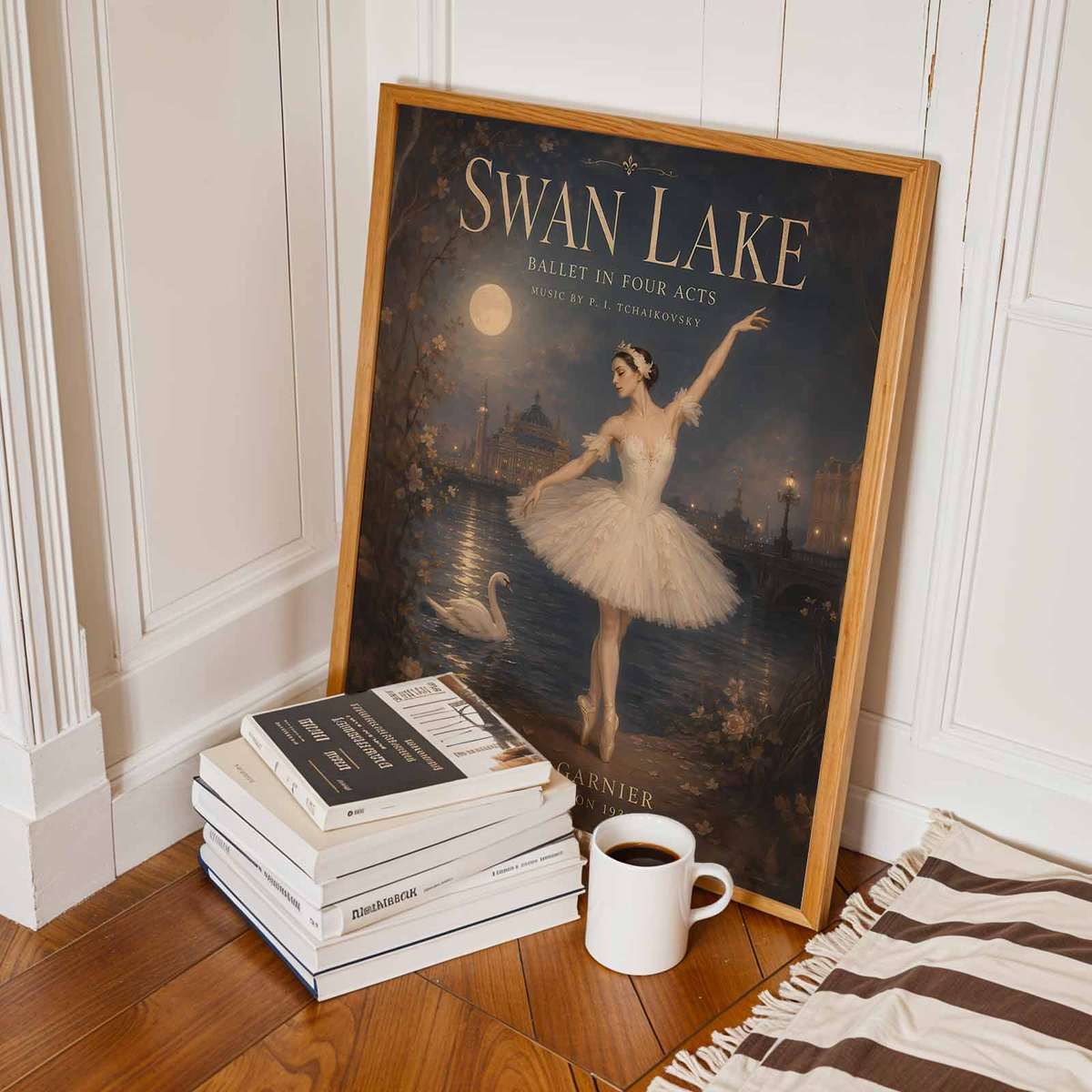 Gallery-style Swan Lake artwork with refined details for dancer's bedroom decor