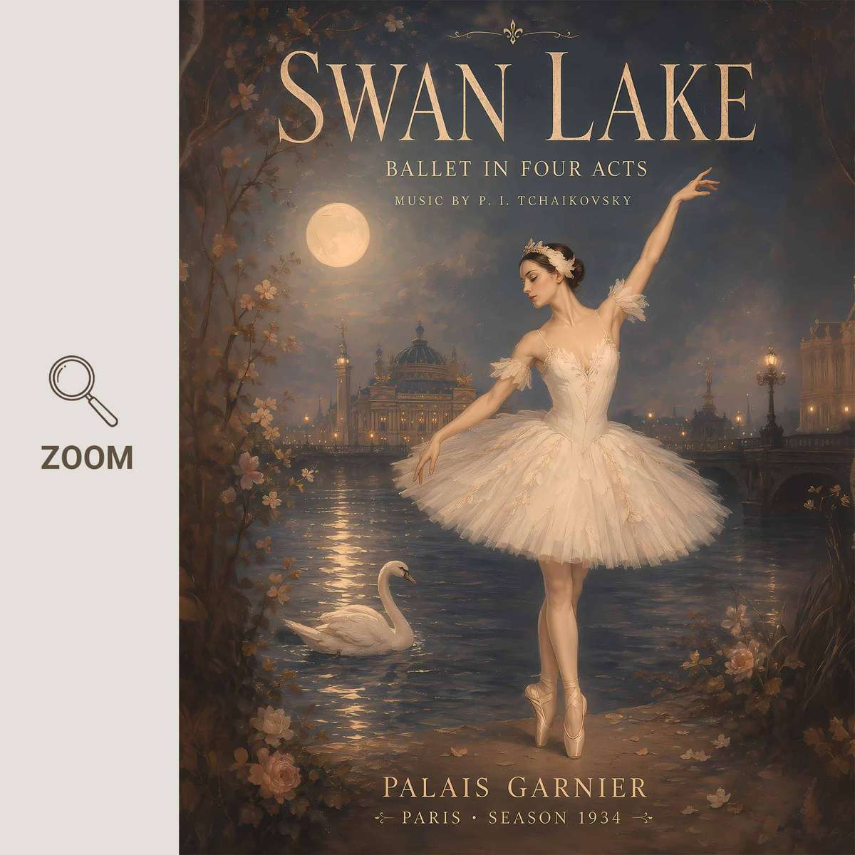 Vintage illustration of Swan Lake presented through classical stage character and delicate visual rhythm inspired by vintage ballet
