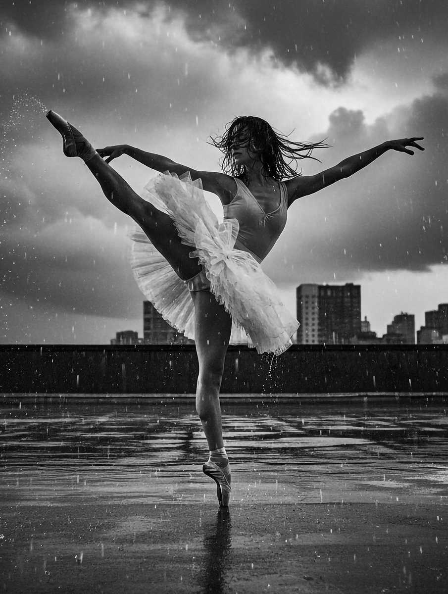 Silhouette of a black ballerina under studio lighting against a textured dark backdrop