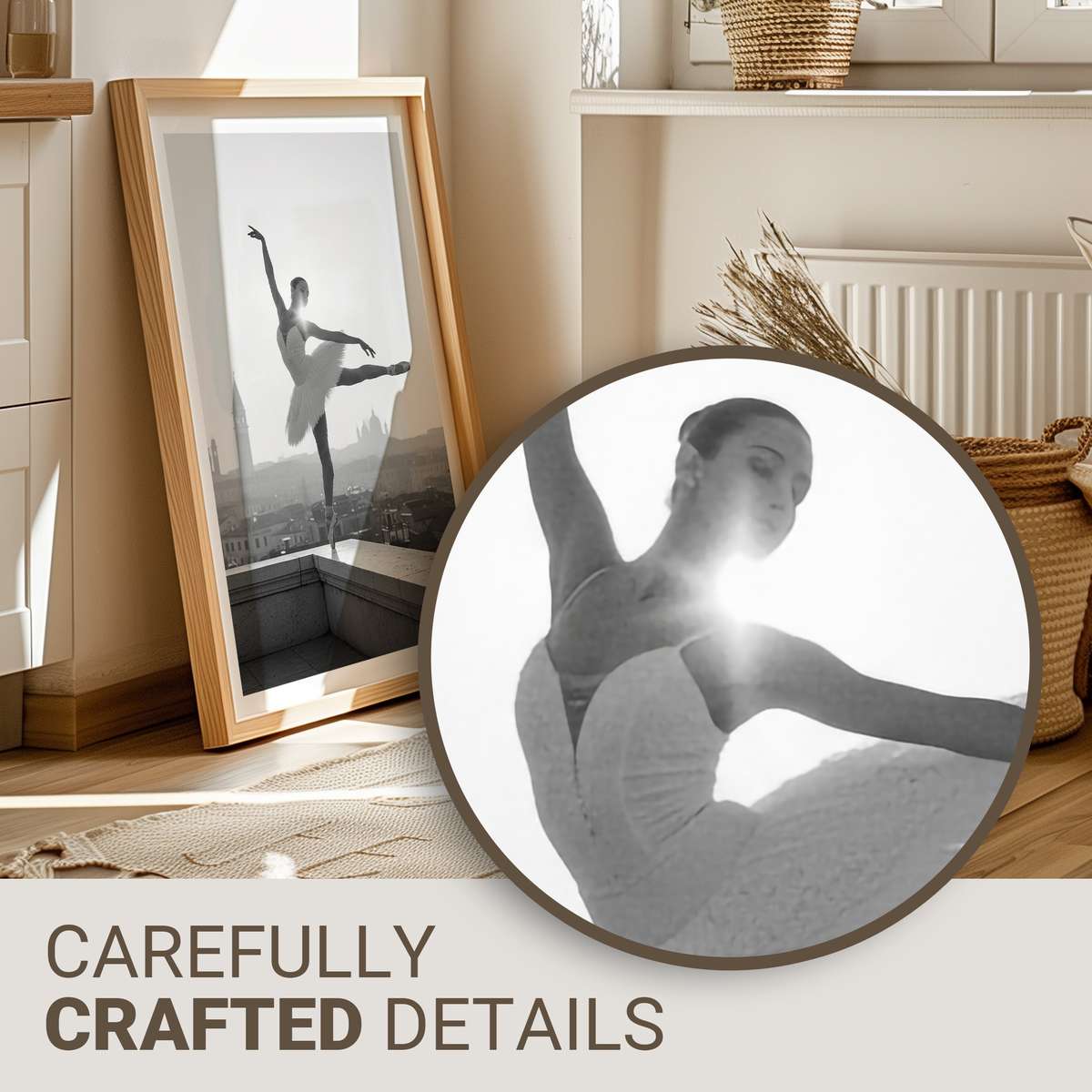 A ballerina posed on a small Venetian stage set with painted gondolas and muted gold drapery, wearing a vintage tutu