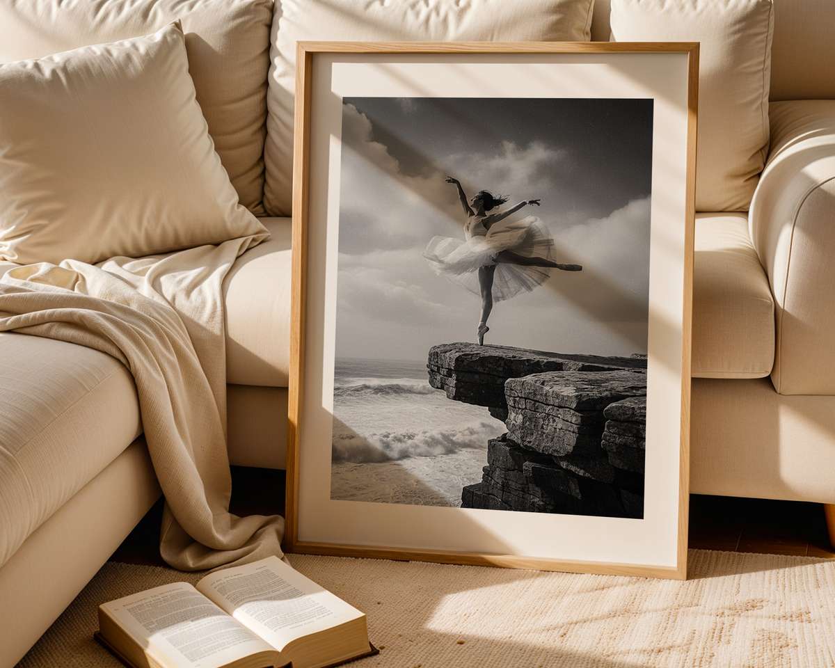 Ballerina in contrapposto against a textured backdrop, emphasizing line and quiet intensity