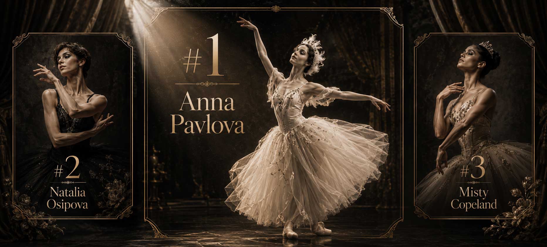 Margot Fonteyn performing a classic white-act pose on stage with a poised arabesque