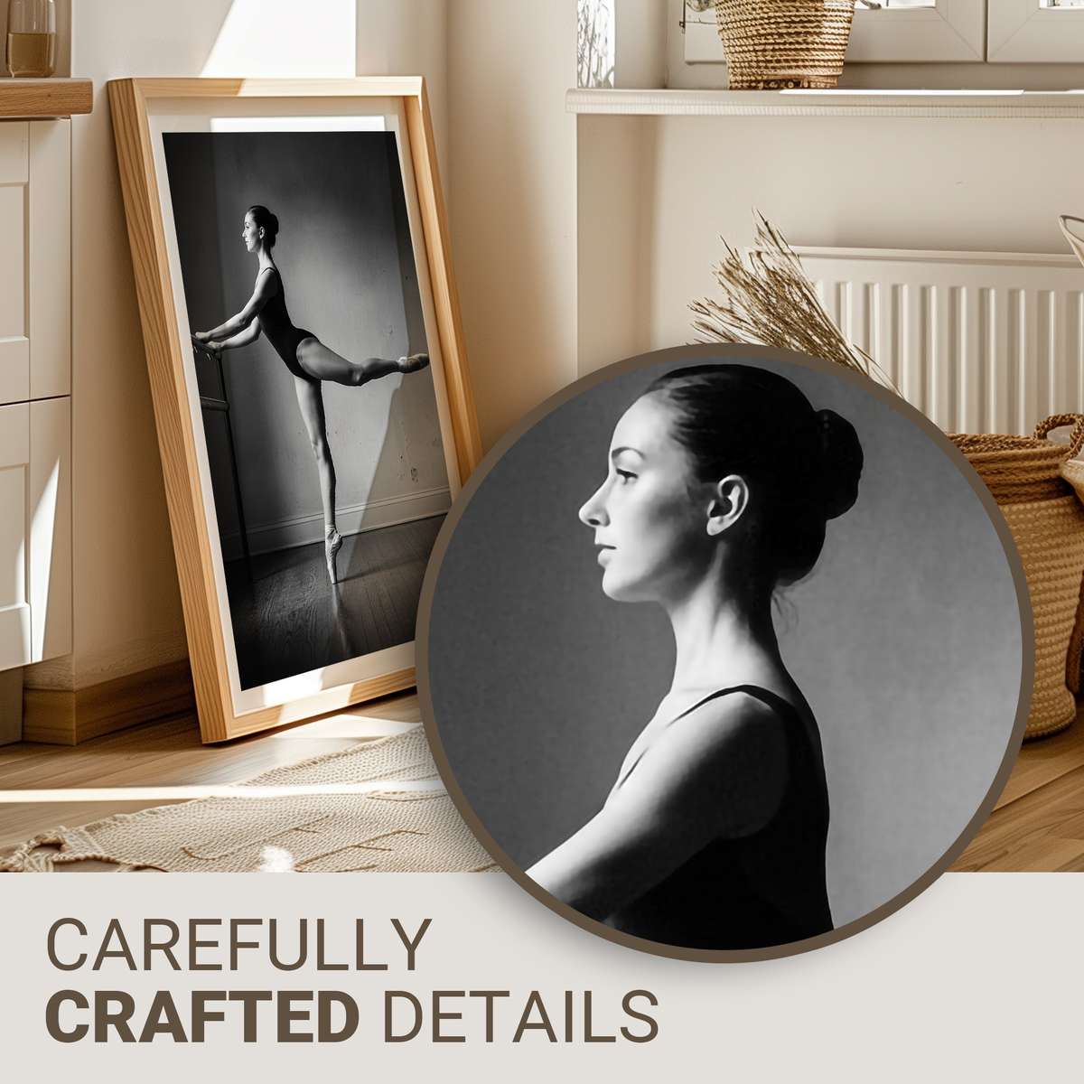 Ballet dancer in profile silhouette at the barre, capturing quiet concentration and poised balance in a sunlit studio