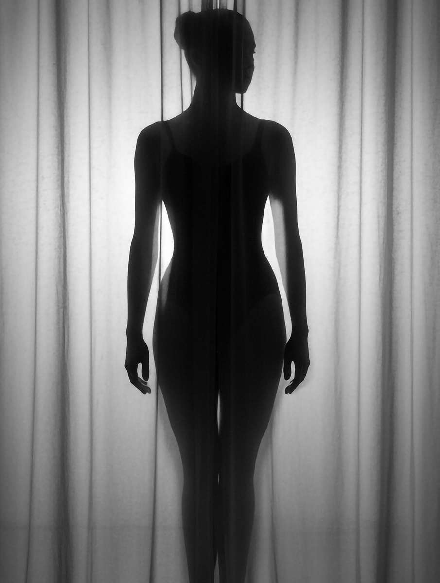 Ballerina shown in profile with elongated arms and an extended back creating a continuous vertical line