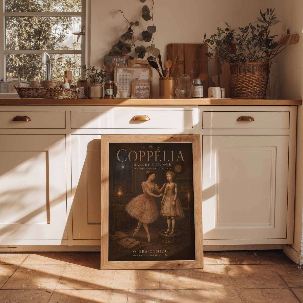 Ballerina shown in a theatrical composition showcasing graceful movement and stage-inspired details with French text