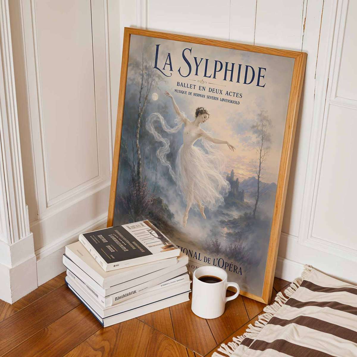 Vintage Ballerina wall art combining graceful movement and stage-inspired details inspired by sylphide french text ballet in a expressive composition with French text