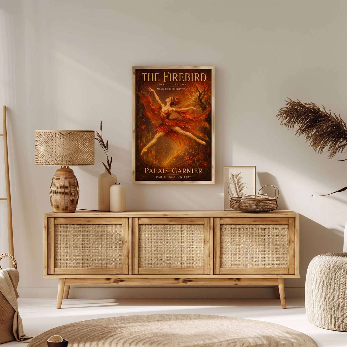 Dramatic wall art centered on Firebird with a theatrical atmosphere
