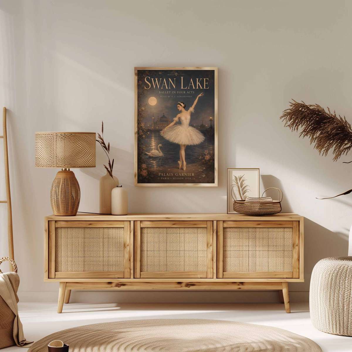 Swan Lake wall art showcasing elegant lines and a theatrical atmosphere and a theatrical visual character