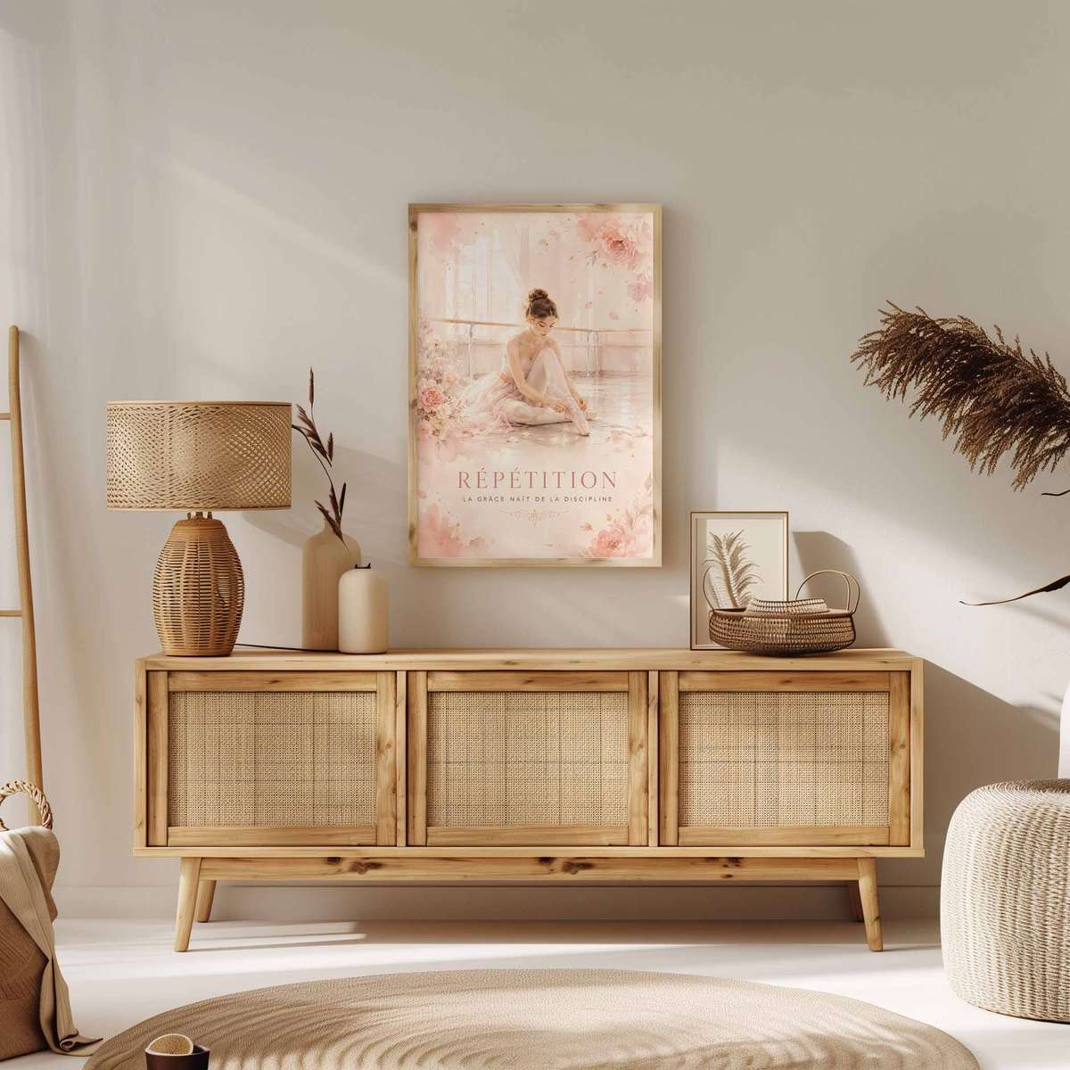 Artistic view of Ballet Dancer showing rehearsal-inspired details and graceful silhouettes for dancer's bedroom decor with French text