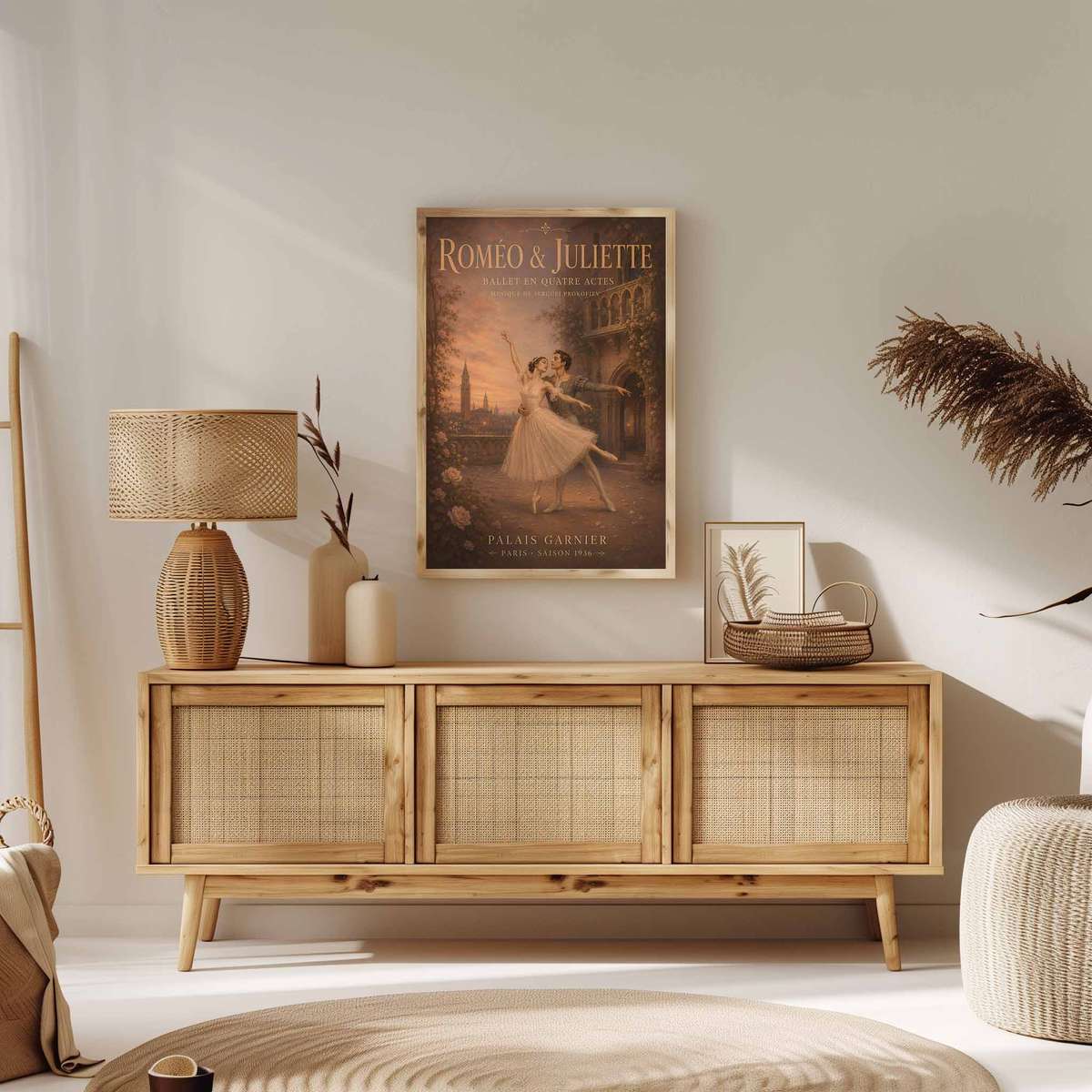 Romeo Juliet wall art showcasing poetic movement with softly balanced composition and a expressive visual character with French text