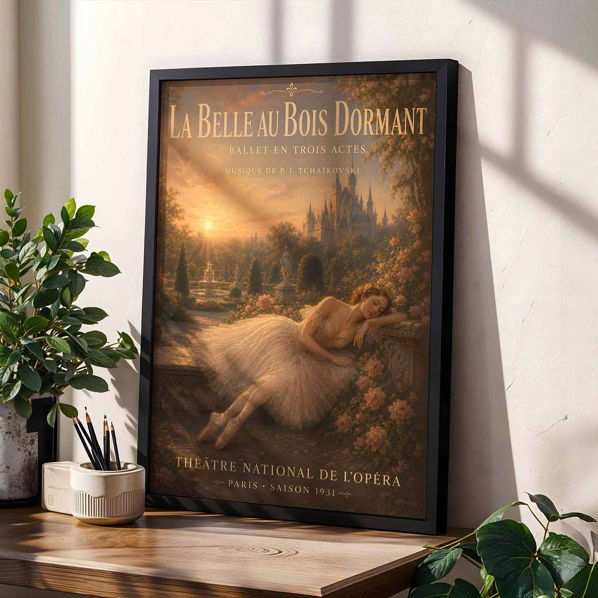 Sleeping Beauty wall art showcasing elegant lines and a theatrical atmosphere and a theatrical visual character with French text
