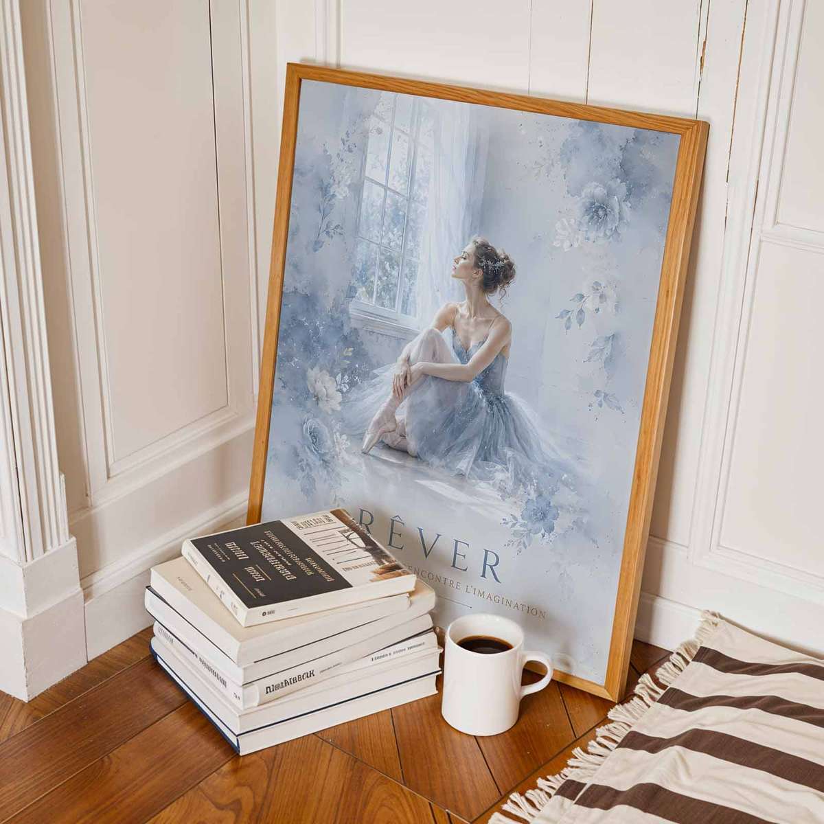 Watercolor Ballerina decorative print featuring poetic movement with softly balanced composition for dancers with French text