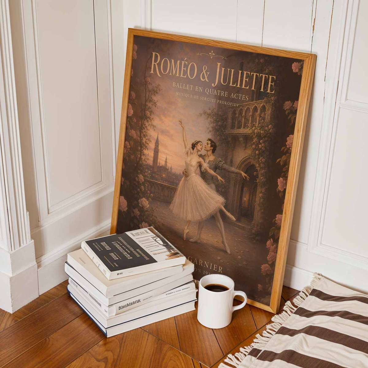 Romeo Juliet shown in a vintage composition showcasing graceful movement and stage-inspired details with French text