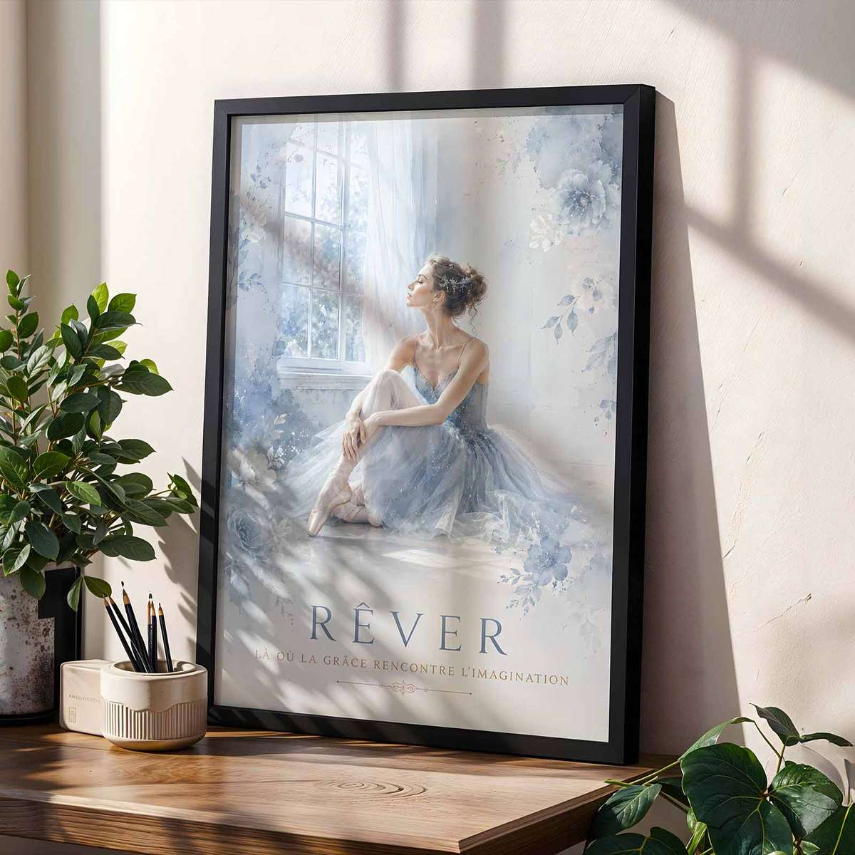 Watercolor Ballerina shown in a elegant composition showcasing poetic movement with softly balanced composition inspired by vintage french text ballet with French text