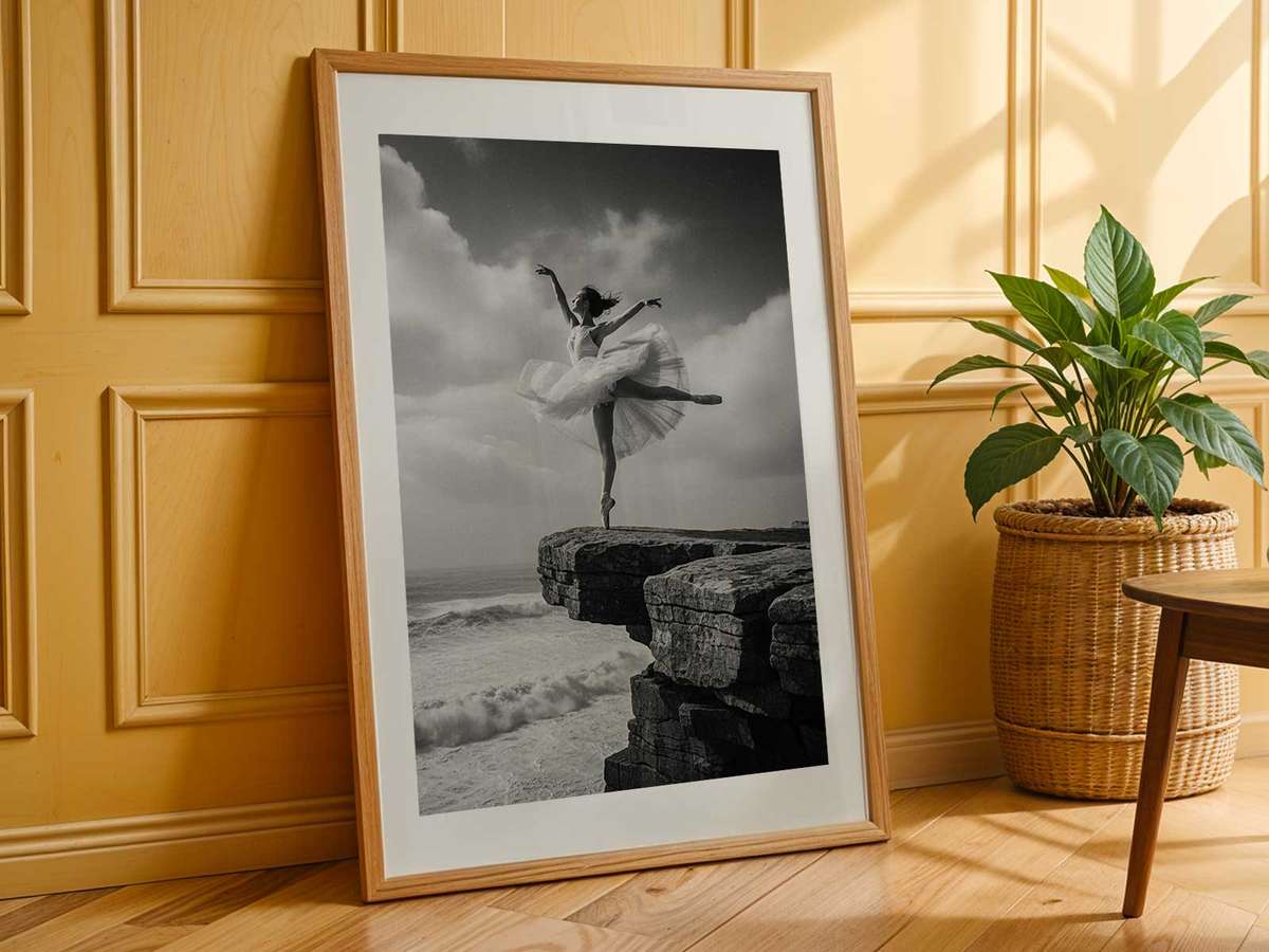 Ballerina performing on a narrow cliff platform with strong wind and a sweeping valley below, motion captured in soft blur