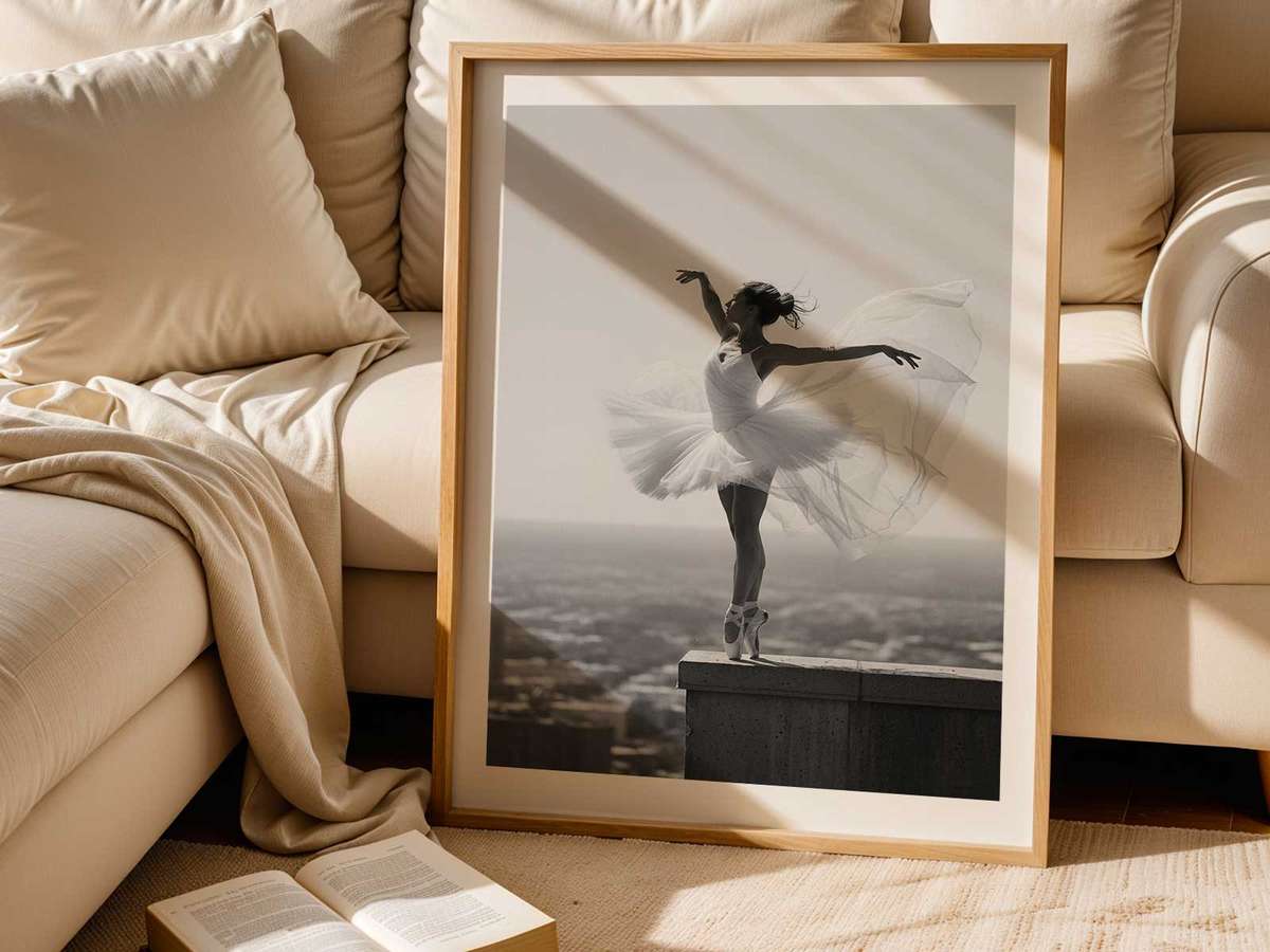 Ballerina silhouette lit by a single window against a panorama of night-time city windows
